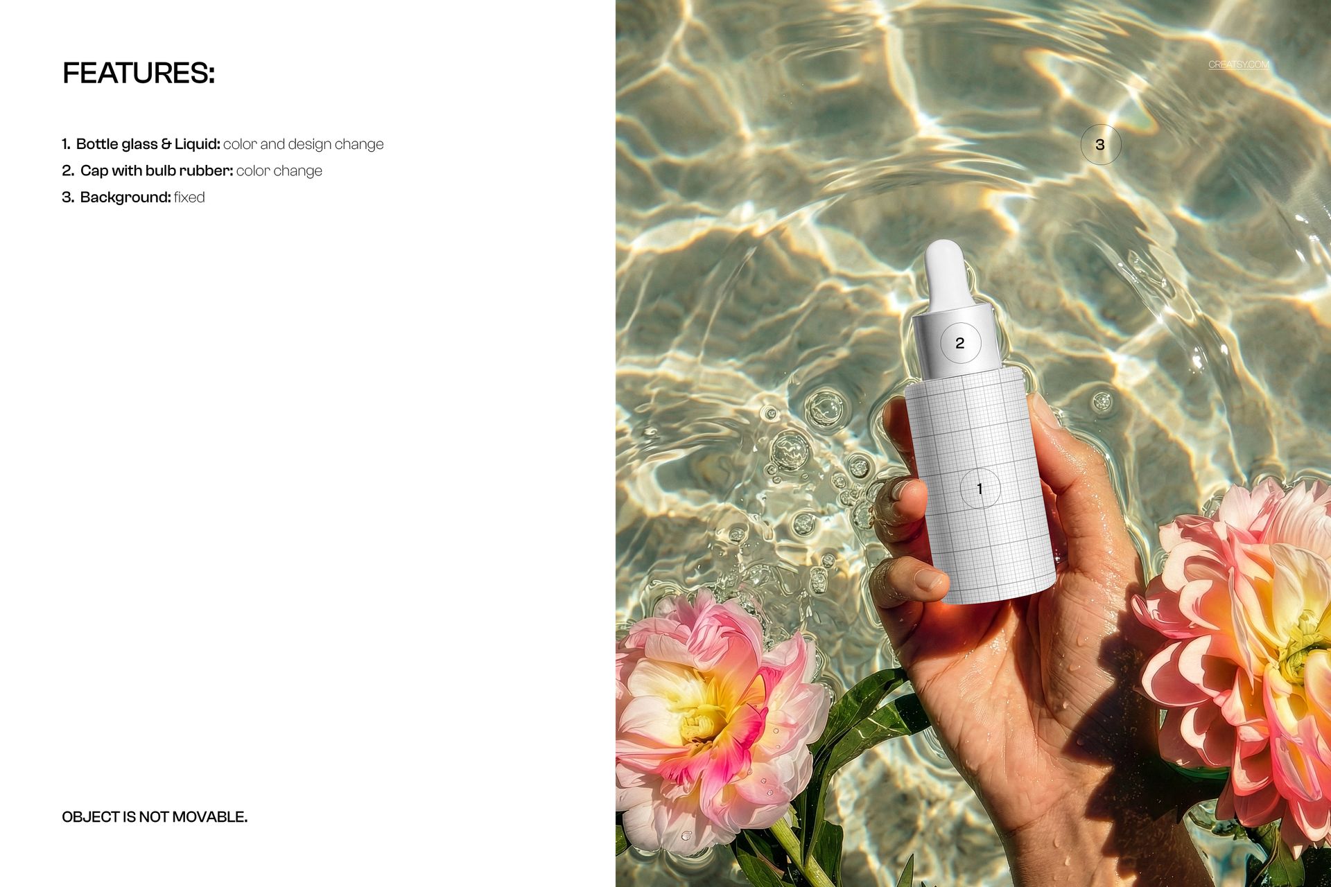 Hand holding a dropper bottle mockup in clear water with ripples, reflections, and pink flowers nearby.