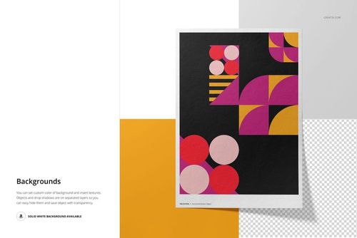A3 fine art print mockup featuring geometric pink, orange, and cream shapes on a black background, front view.