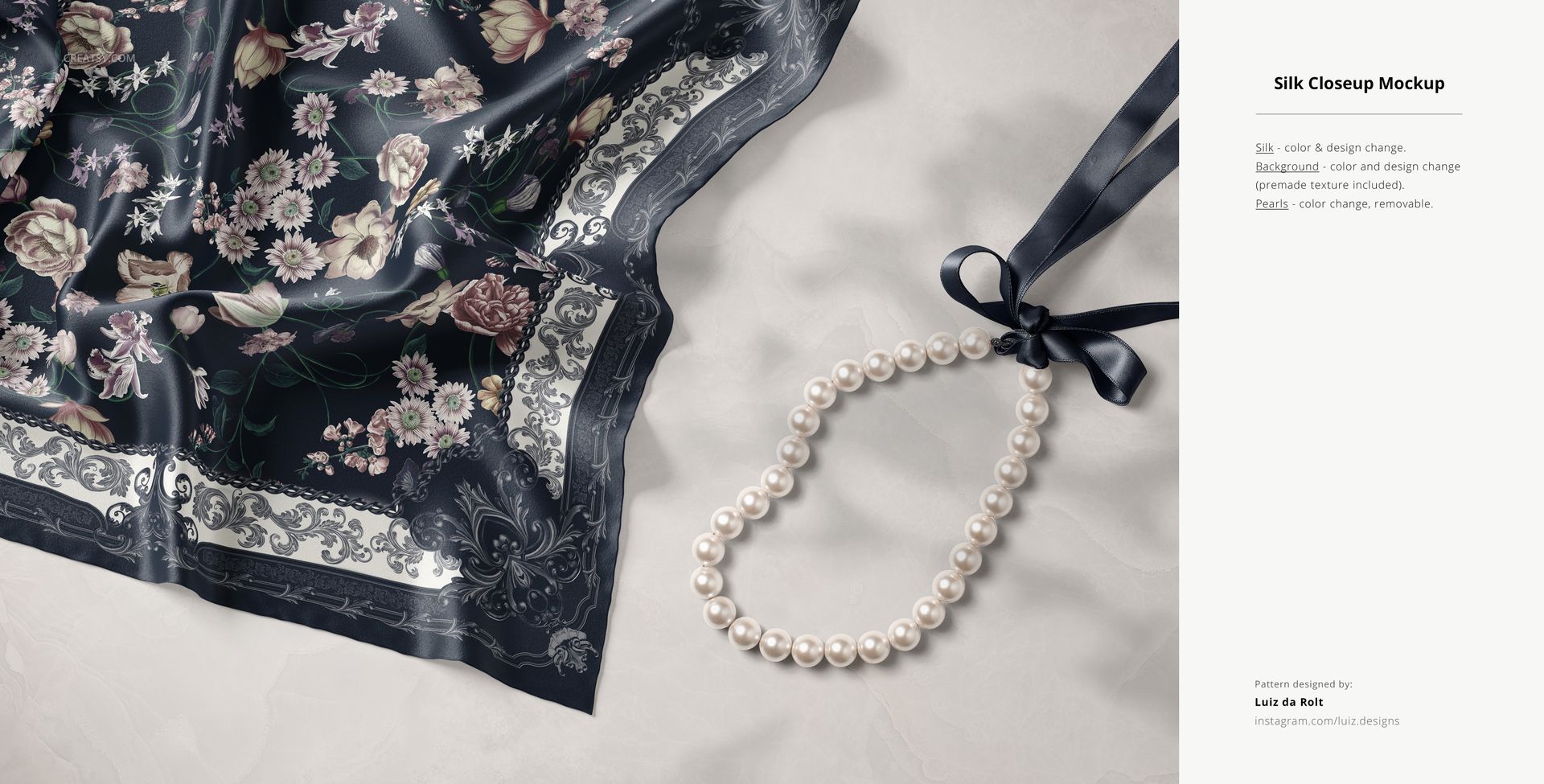PSD mockup of a patterned silk fabric laid flat, showcasing detailed flowers and borders beside a ribboned pearl strand.