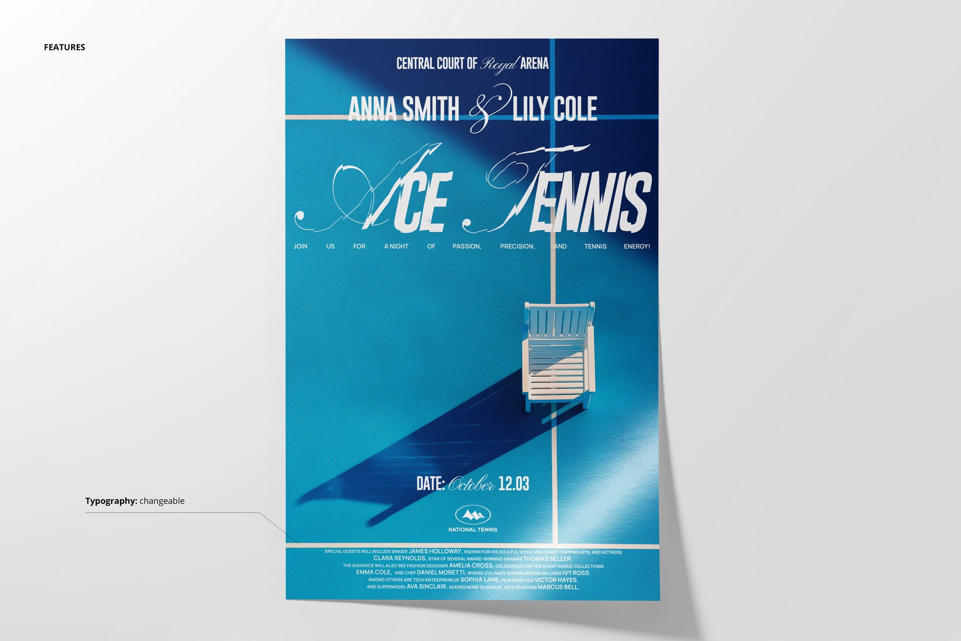 Poster mockup with a geometric chair design, blue tones, and large stylized text in a minimalist setting.