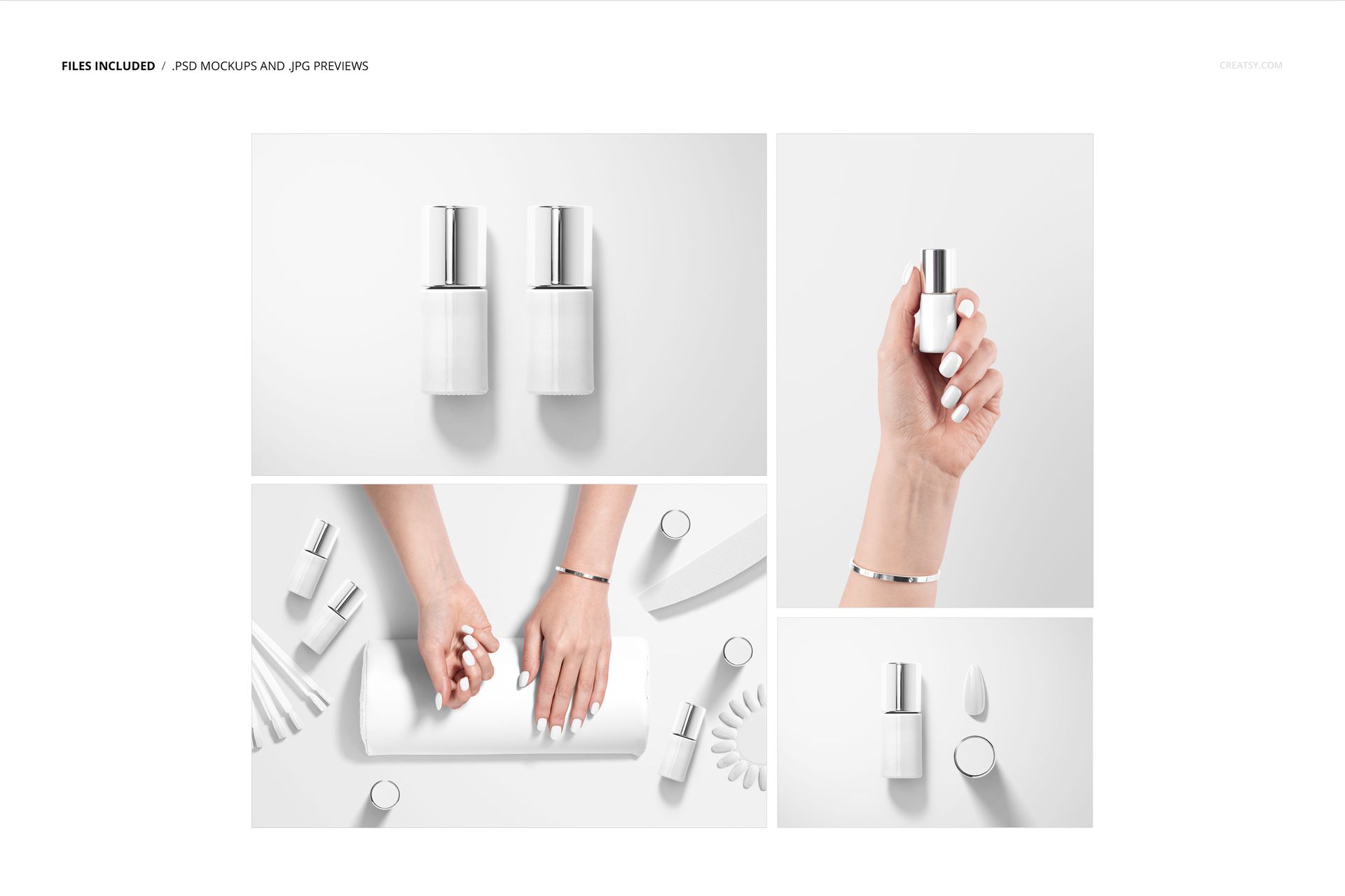 Set of hybrid nail polish mockup bottles and hands, featuring white and silver tones on a clean surface.