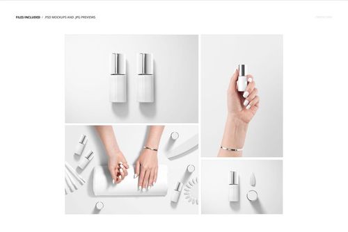 Set of hybrid nail polish mockup bottles and hands, featuring white and silver tones on a clean surface.