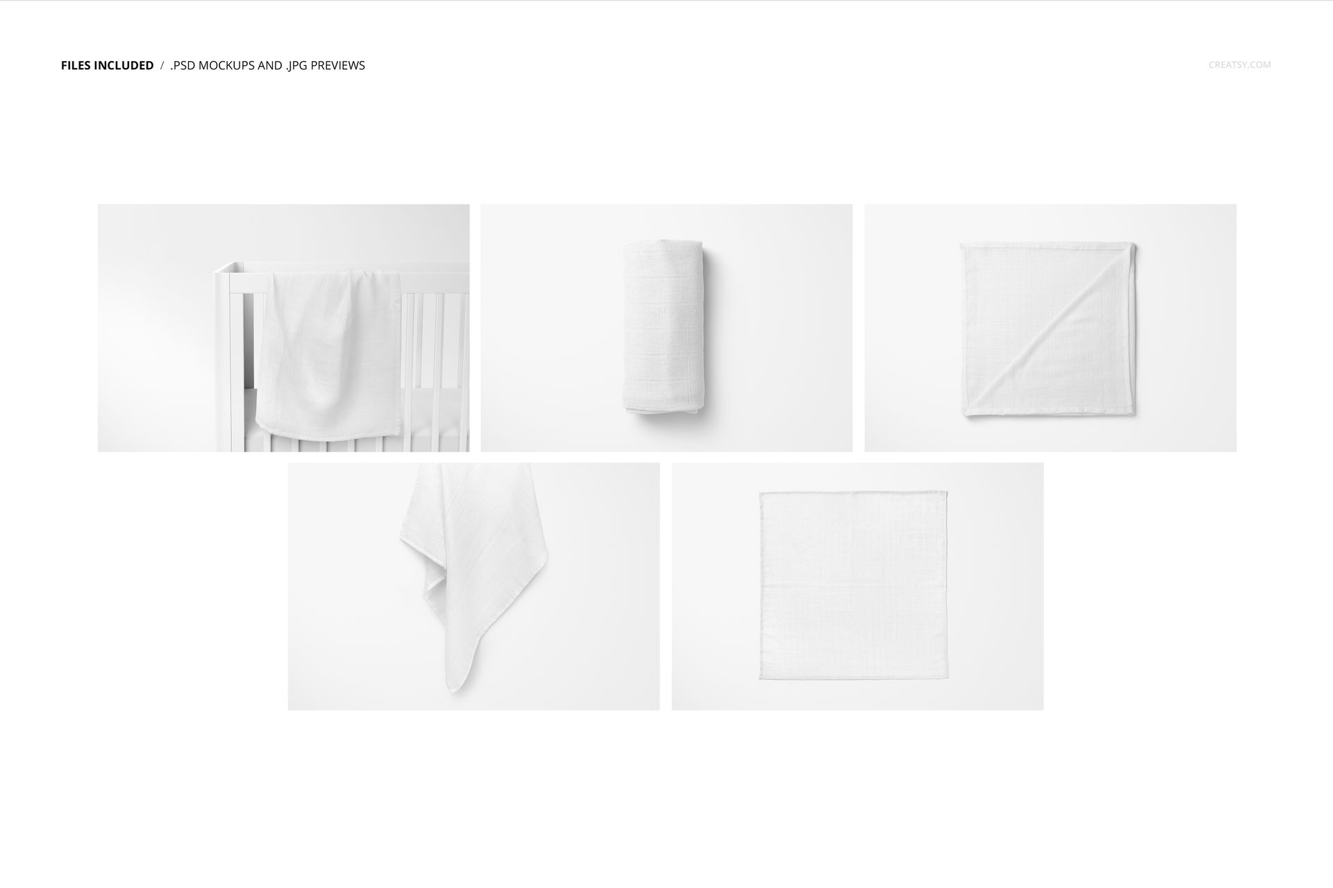 Set of five muslin swaddle blanket mockups in various views, including hanging, folded, rolled, and spread out.