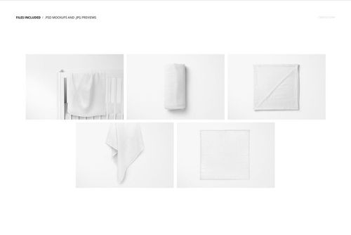 Set of five muslin swaddle blanket mockups in various views, including hanging, folded, rolled, and spread out.