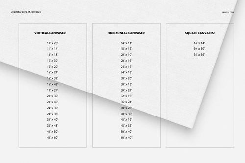 White canvas print mockup shown at an angle with three lists of available canvas sizes for vertical, horizontal, and square formats.