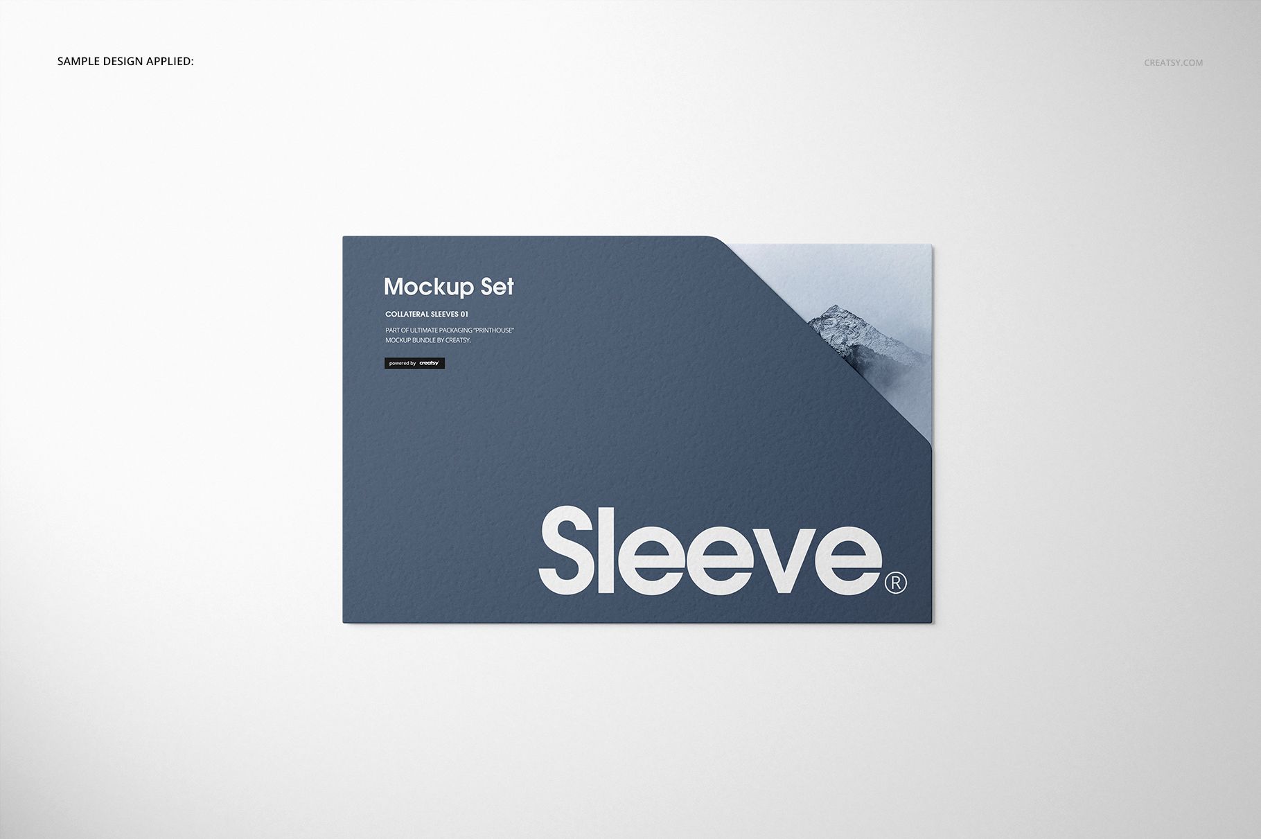 Front view of a rectangular stationery sleeve mockup with a blue textured design and white text on a plain background.