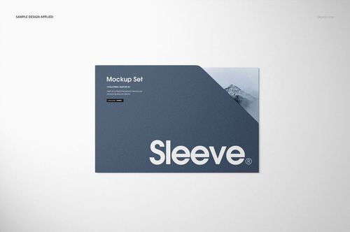Front view of a rectangular stationery sleeve mockup with a blue textured design and white text on a plain background.