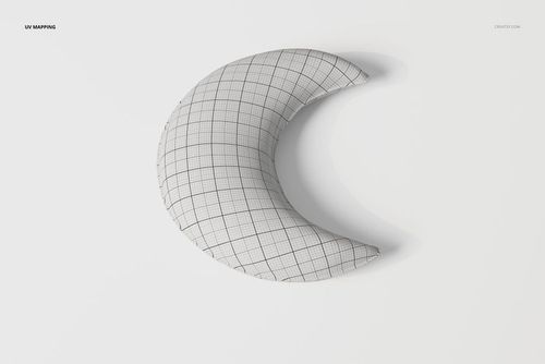 Crescent moon-shaped pillow with a grid pattern, shown from a top view on a plain white background.