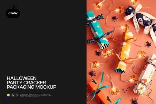 Front view of Halloween party cracker packaging mockup with colorful crackers, ribbons, and festive props on orange surface.