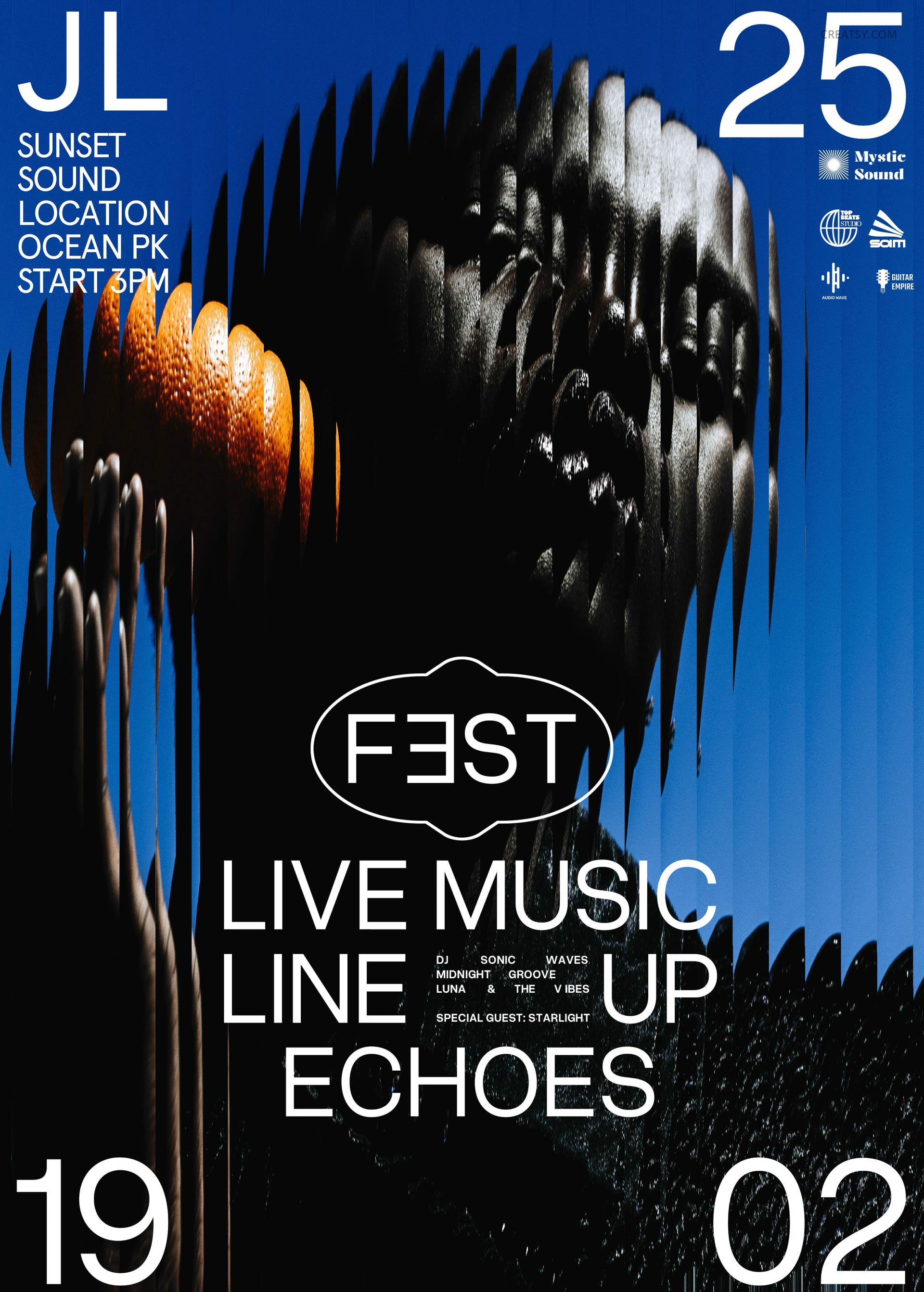 Front view of a soundwave style poster mockup featuring distorted black and gold waves and bold white event text.