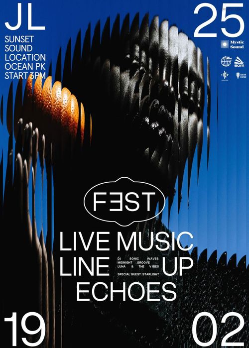 Front view of a soundwave style poster mockup featuring distorted black and gold waves and bold white event text.