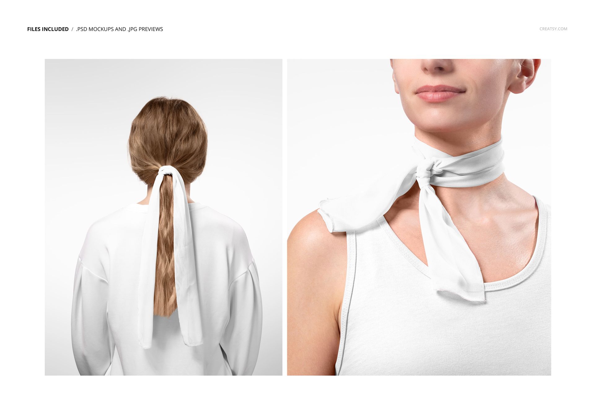 Long chiffon silk scarf mockup shown on a model, featuring a light solid color, styled around the neck and hair.