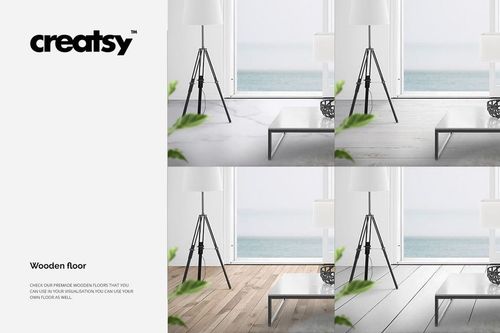 Mockup of long curtains in a bright room with floor-to-ceiling windows, neutral walls, and a contemporary lamp.