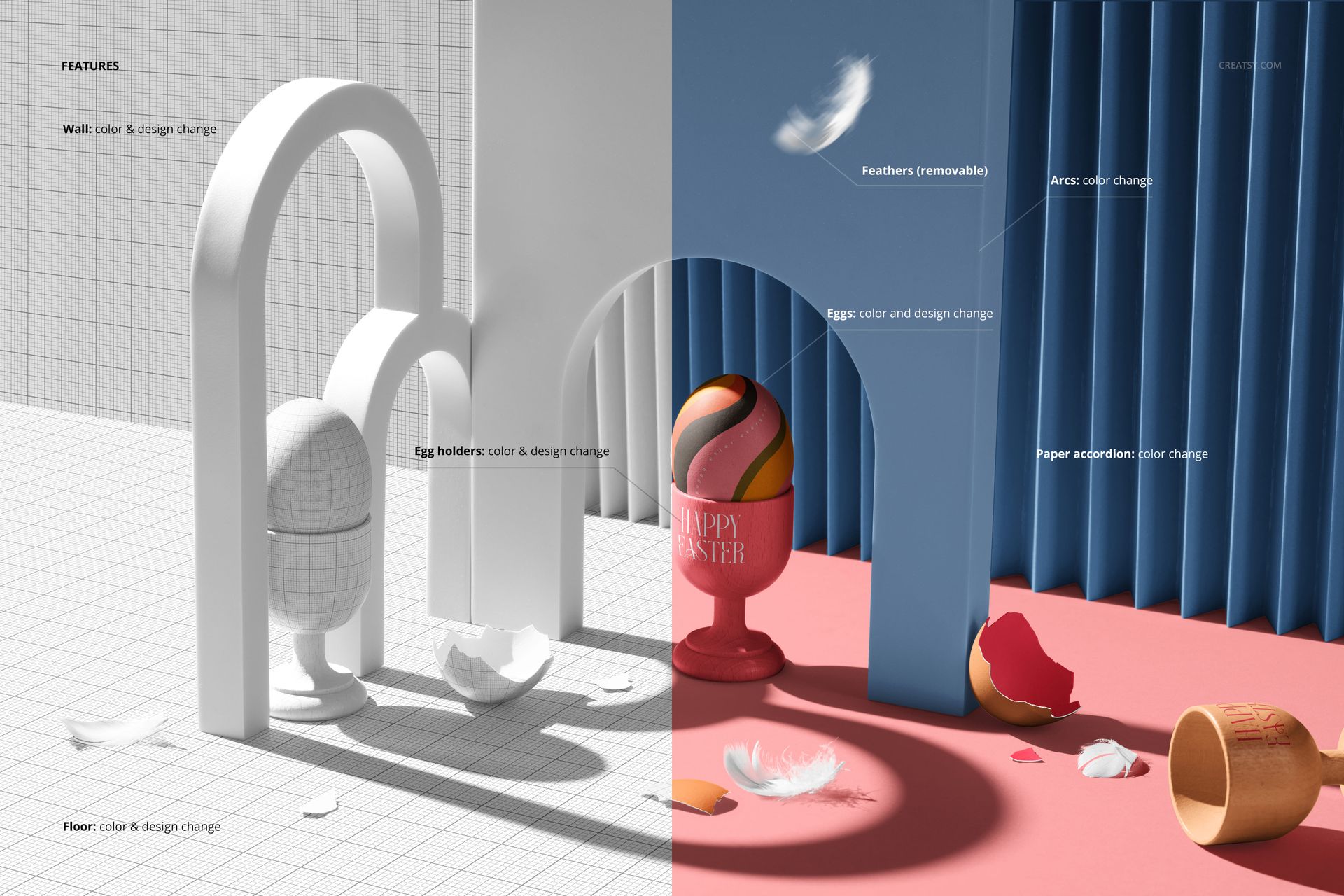 Modern Easter egg mockup scene featuring geometric arches, egg holders, and scattered feathers on split backgrounds.