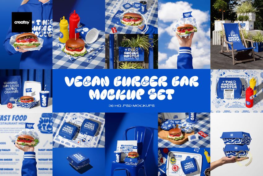 Collage of vegan burger bar packaging mockups in blue and white, showing boxes, cups, bags, and branded materials.