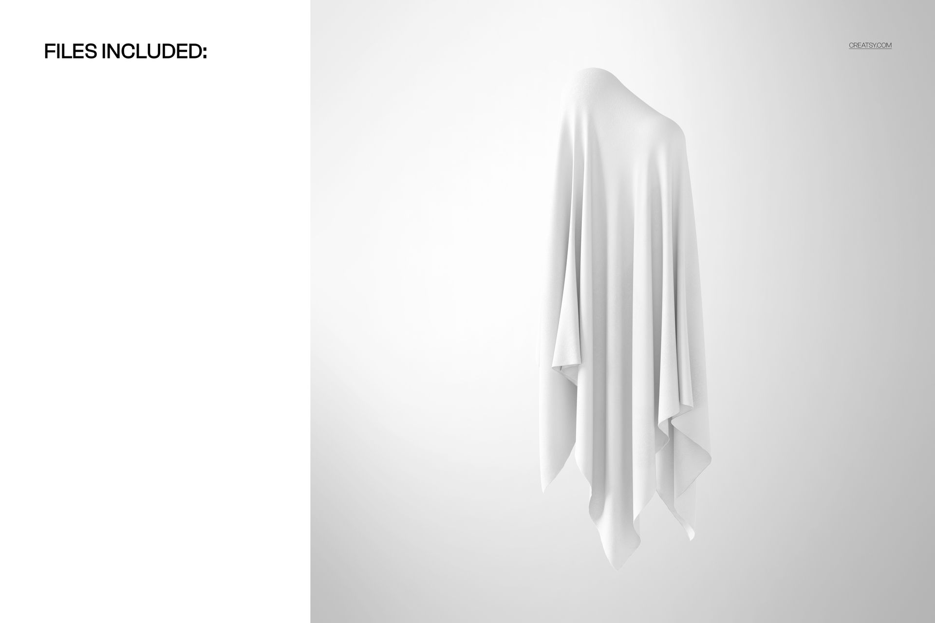 Front view of a ghost-shaped fabric draped in white, displayed on a plain light background for Halloween mockup.