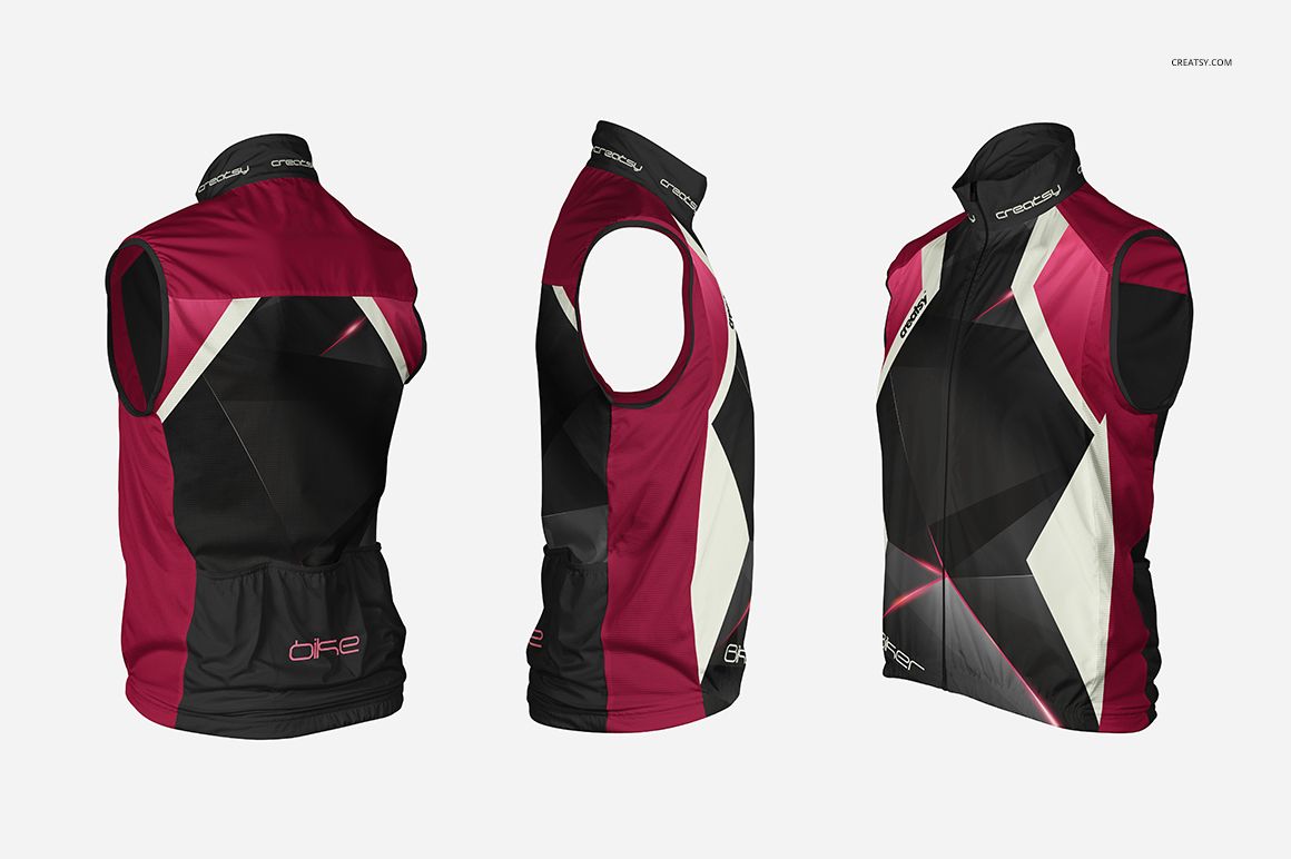 Cycling vest mockup featuring three views of a sleeveless garment with geometric black, burgundy, and white panels.