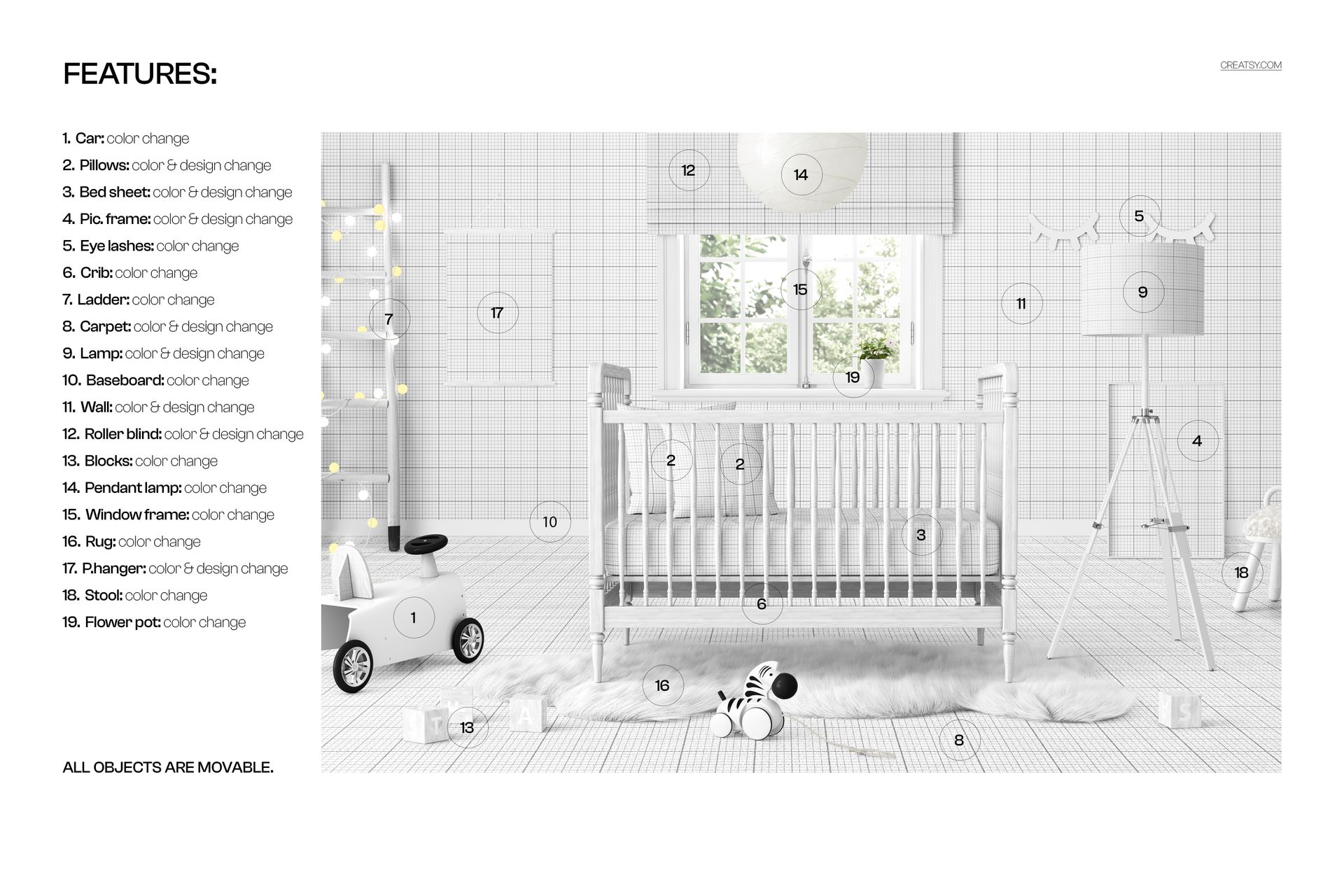 PSD mockup showing a classic wooden crib with white bedding, plush rug, and nursery props in a bright kids room.