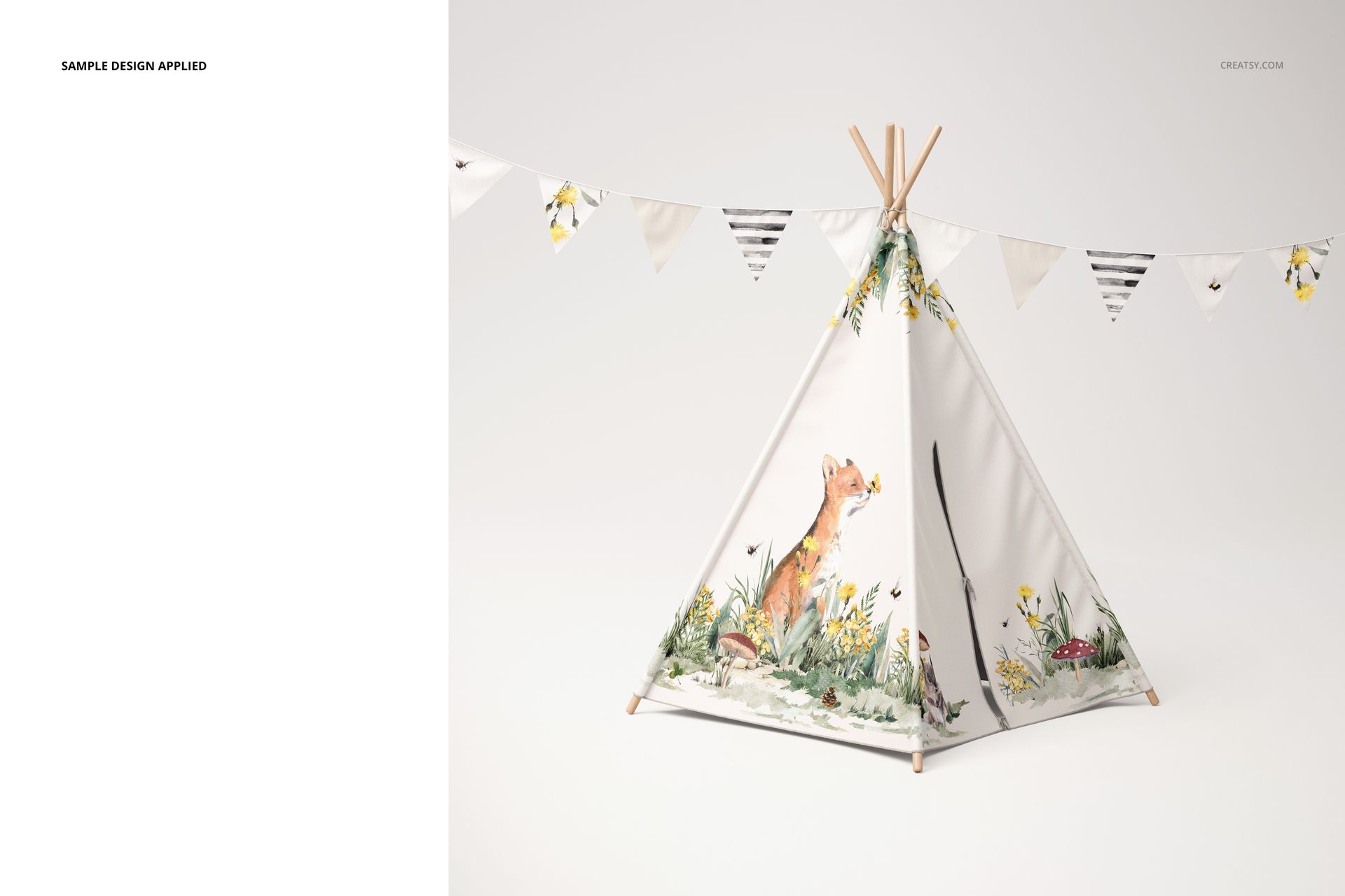 Front view of a teepee tent mockup with wooden poles, featuring a fox and nature-themed artwork on a white background.