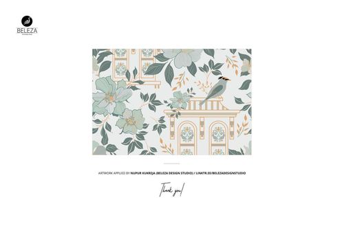 Fabric swatch mockup featuring a rectangular piece of fabric with a floral and bird pattern in muted green and beige tones.