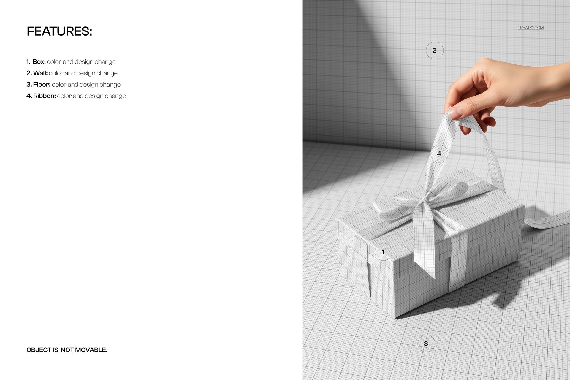Rectangular gift box with grid pattern and white ribbon, shown in a PSD mockup with a hand tying the bow.