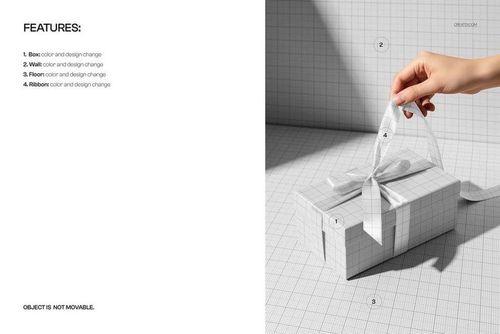 Rectangular gift box with grid pattern and white ribbon, shown in a PSD mockup with a hand tying the bow.