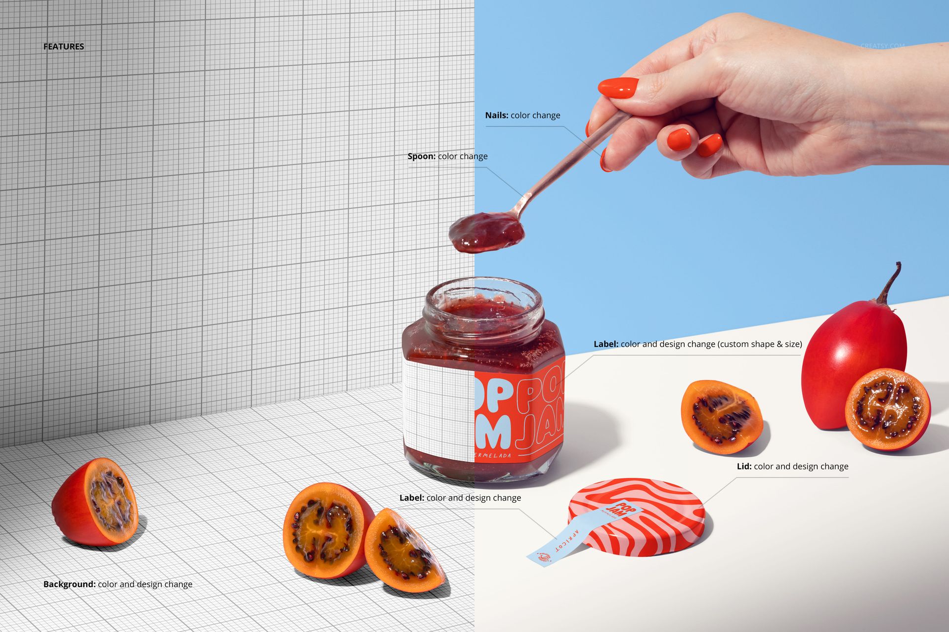 PSD mockup showing a glass jam jar with a customizable label, tamarillo fruit slices, a spoon, and a hand on two-tone background.
