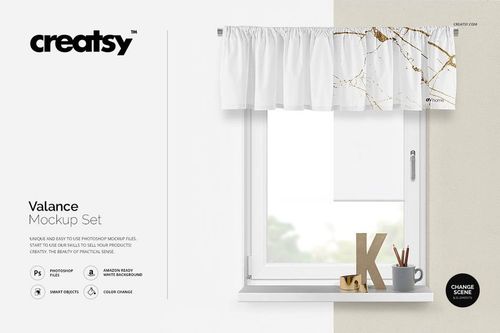 PSD mockup of a white valance with gold accents, hanging over a window with decorative objects on the windowsill.