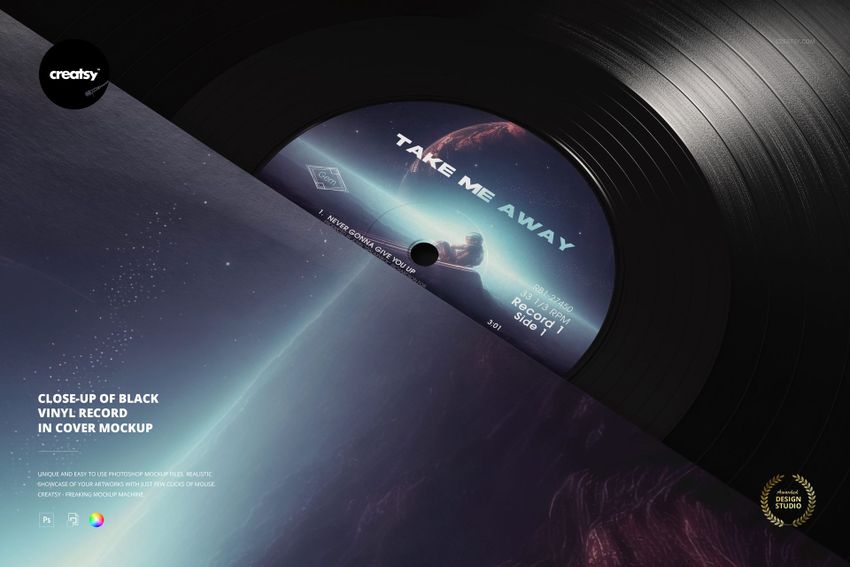 Black vinyl record mockup shown in a close-up perspective, half covered by a sleeve with cosmic design elements.