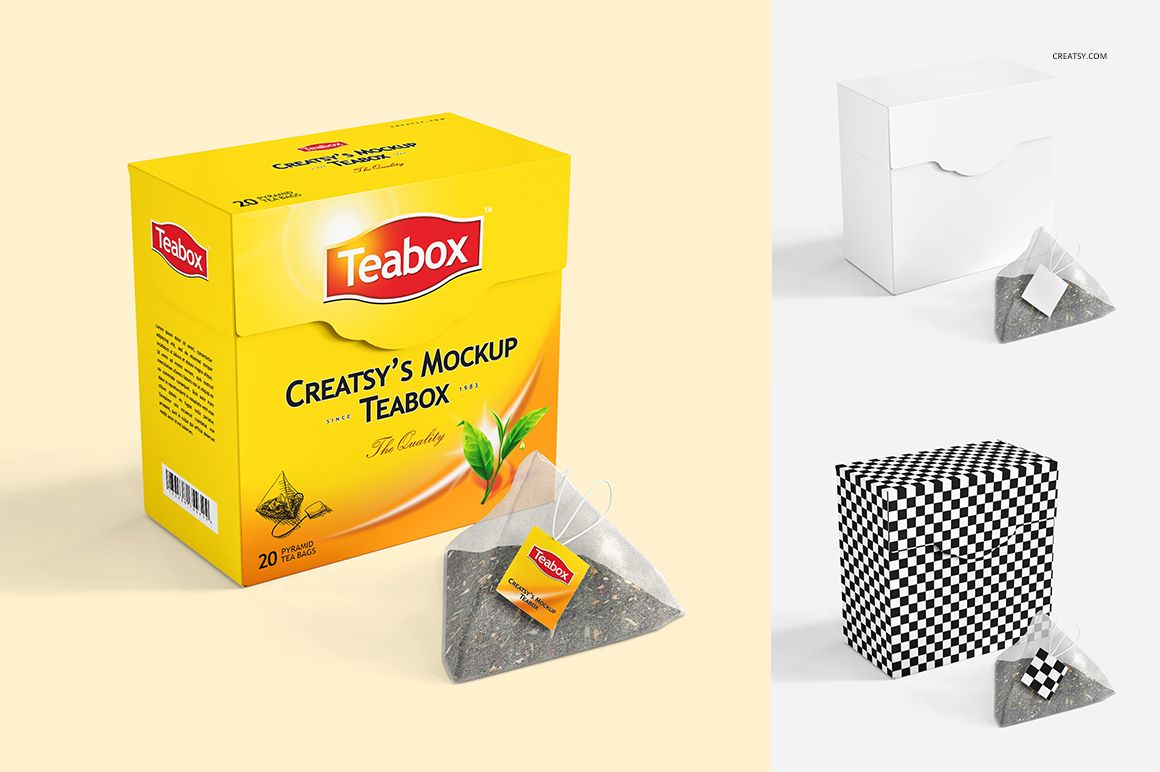 Tea box mockup set featuring a rectangular box in yellow, white, and checkered designs, shown with tea bags from various angles.
