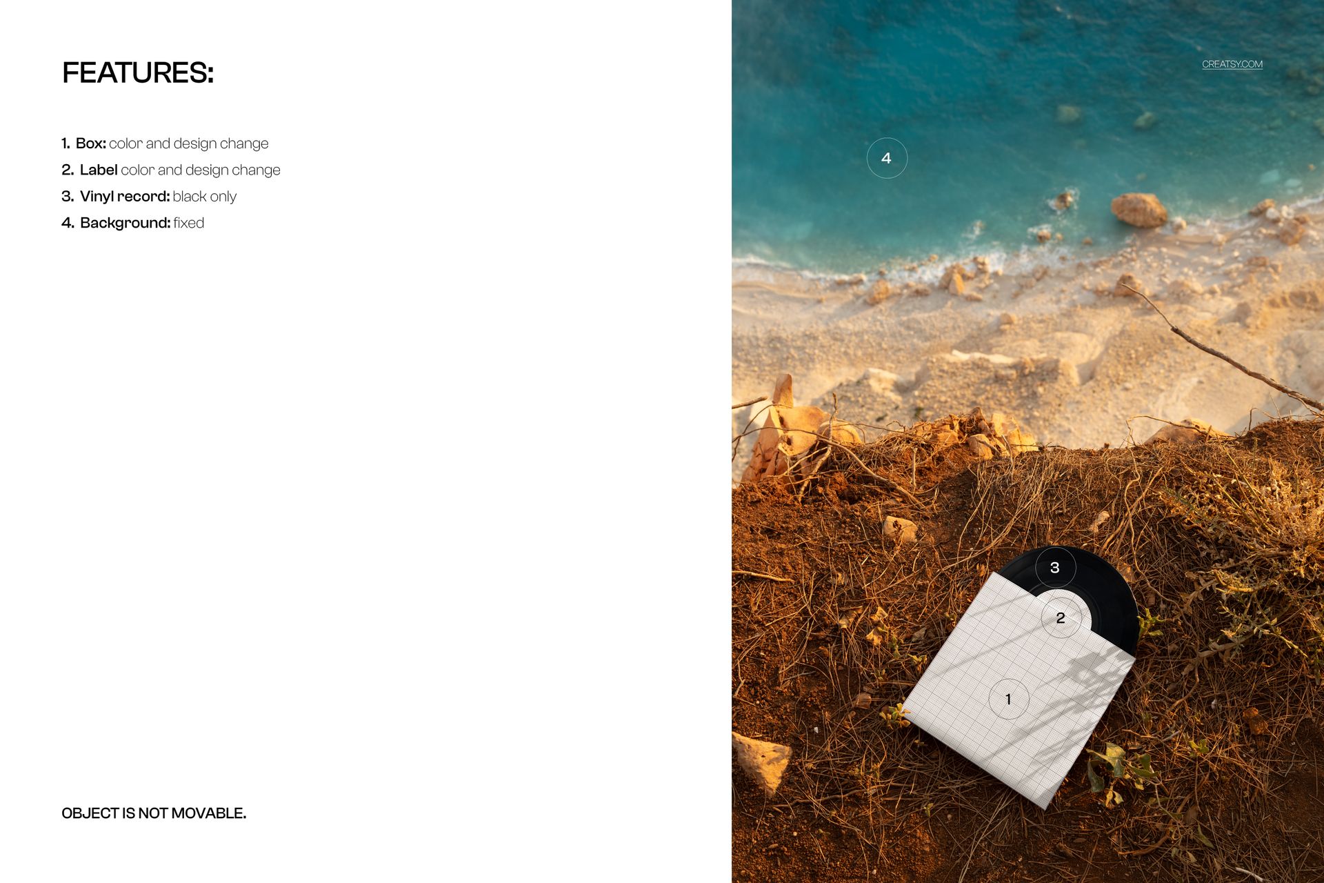 Top view of a black vinyl record mockup in a white sleeve placed on rocky brown terrain near a turquoise beach.