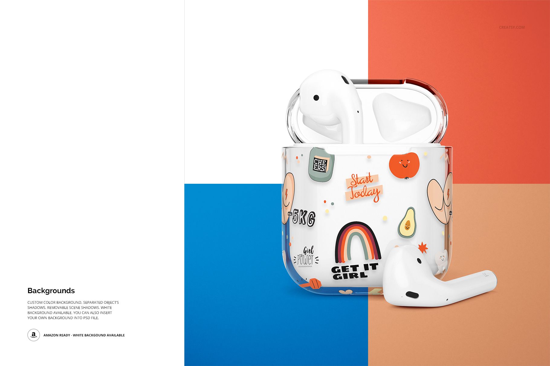 Clear AirPods case mockup with colorful stickers and doodles, shown in front view on a four-color background.