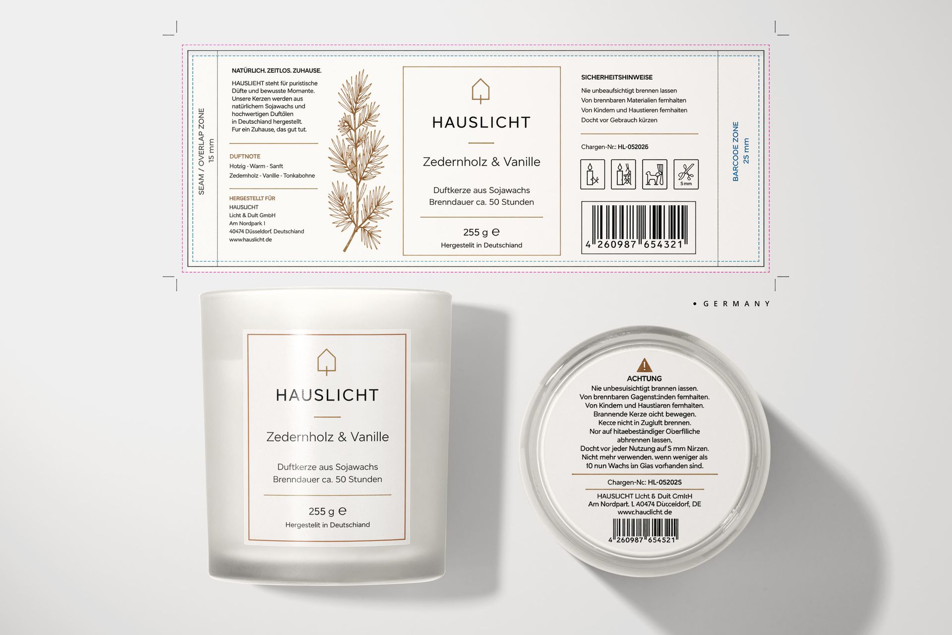 EU/Germany candle label mockup with German safety information, metric quantity, generic safety icons, and EAN-style barcode