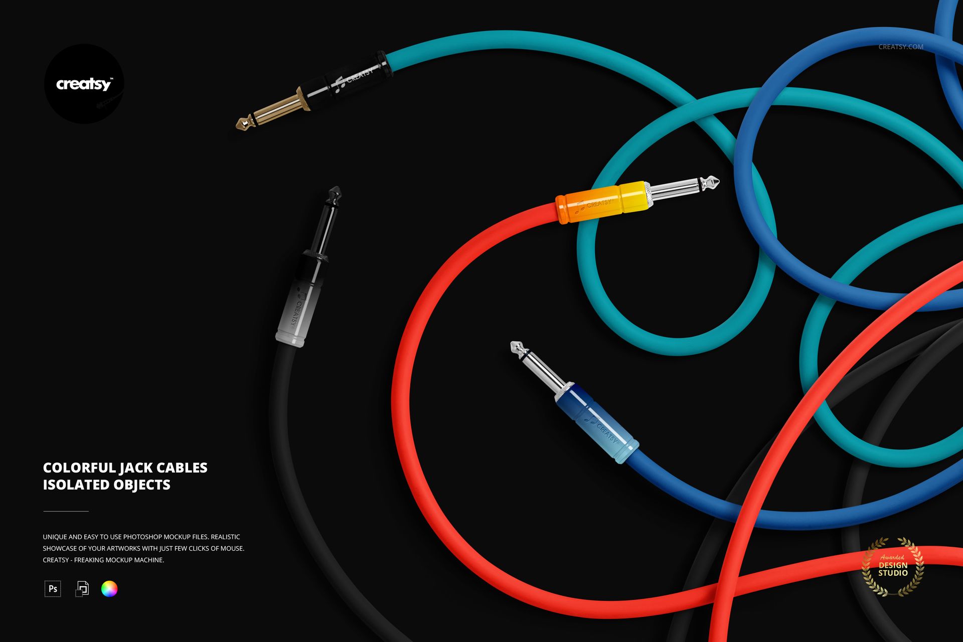 PSD mockup showing four isolated jack cables in vibrant colors, arranged on a dark surface with visible connectors.