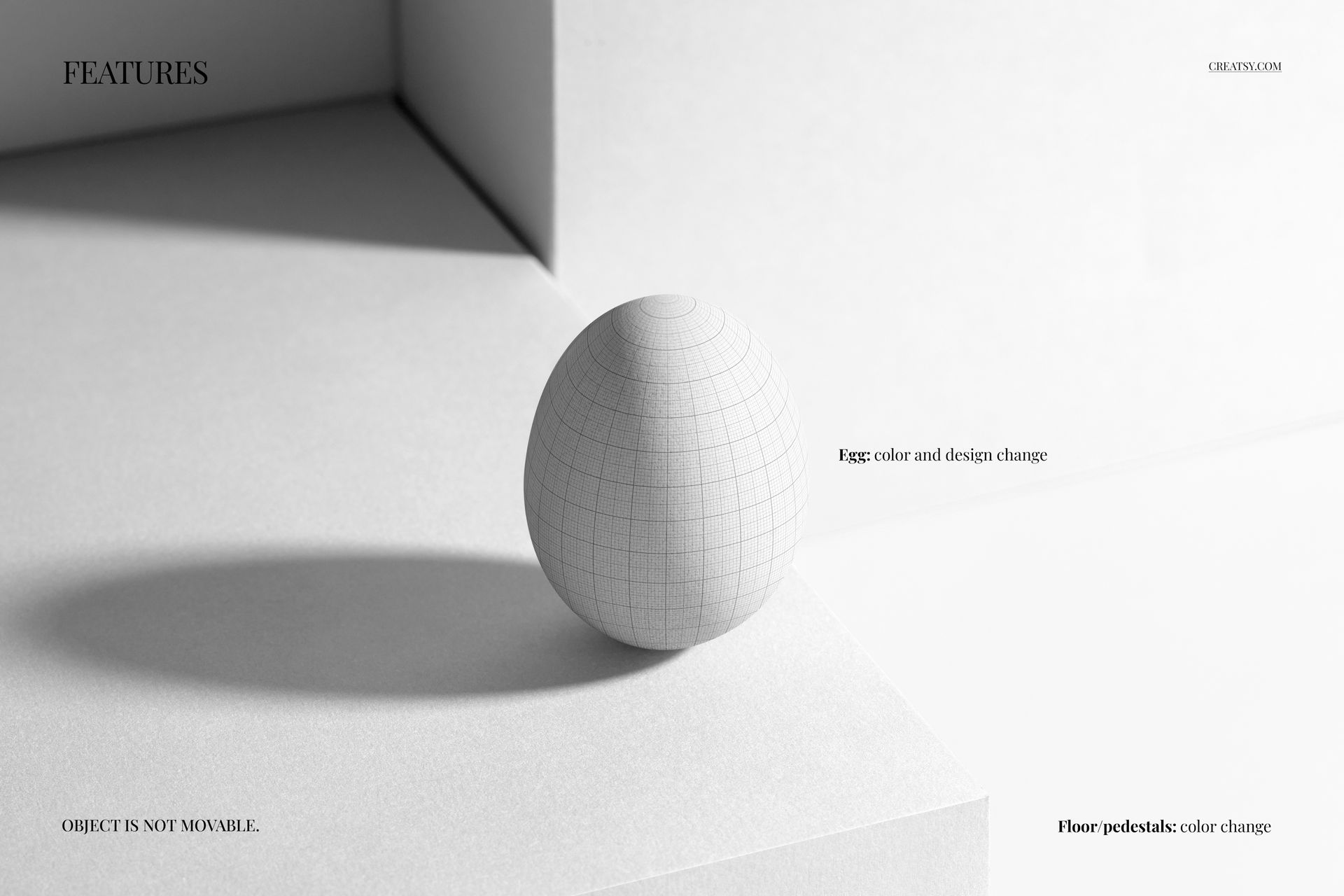 Front view of a geometric Easter egg mockup placed on a square pedestal in a minimal white scene with soft shadows.