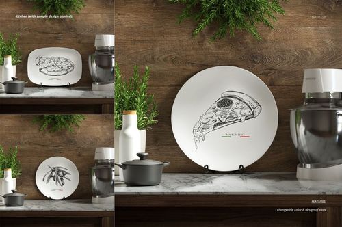 Ceramic plate mockup displayed on a wooden kitchen counter with pizza illustration, surrounded by cooking utensils.