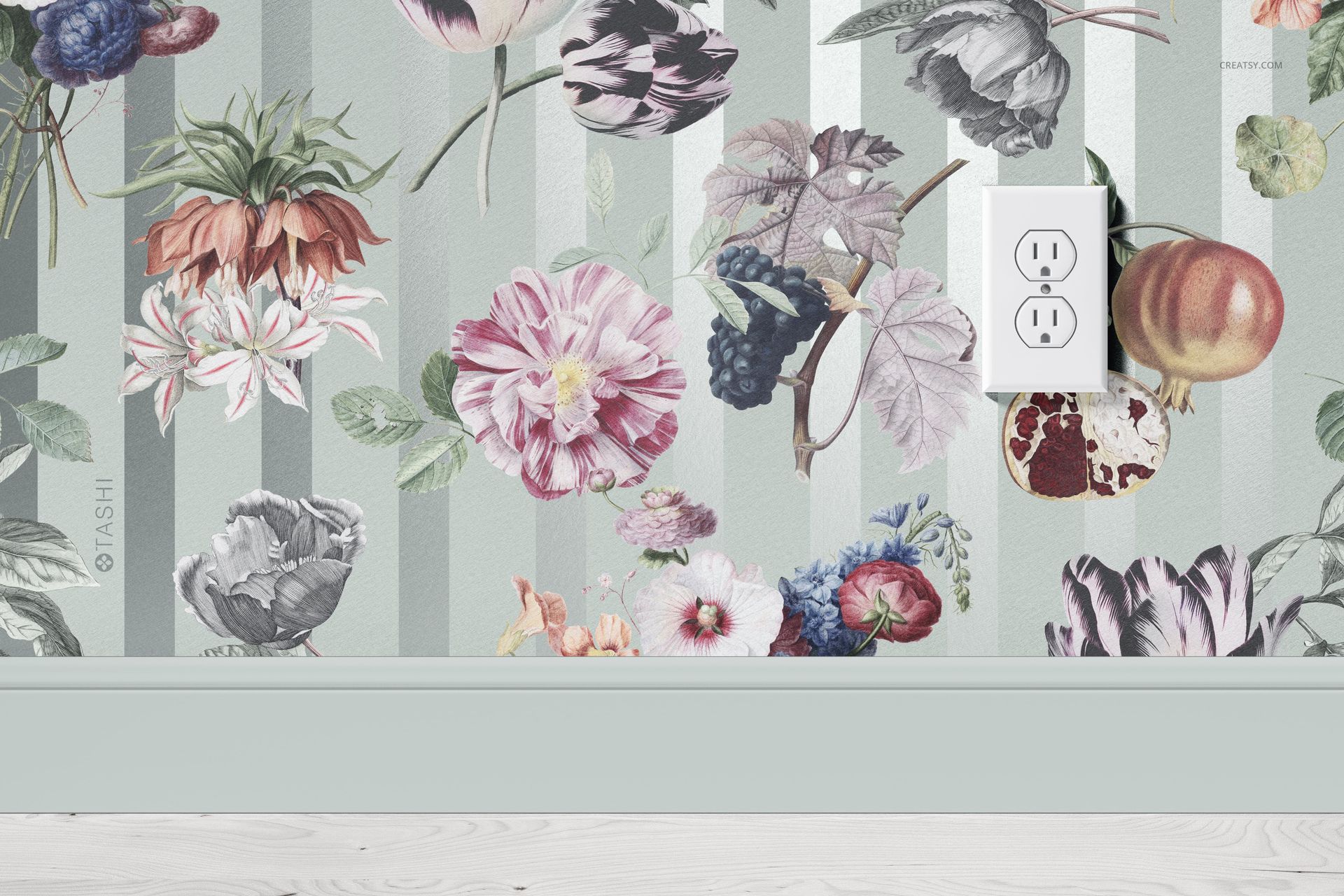 Floral paper wallpaper mockup featuring large, colorful flowers on striped background, viewed from a front angle in a room.