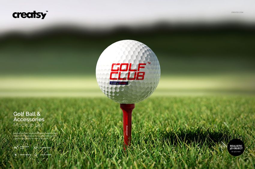 Front perspective of a golf ball with printed text, placed on a red tee in a grassy field, PSD mockup.
