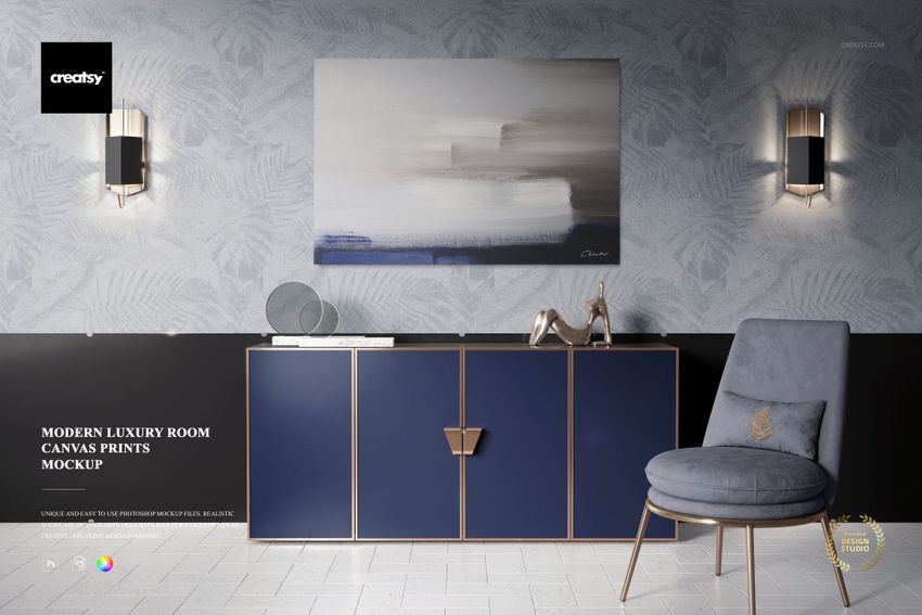 Modern living room scene featuring a blue cabinet, gray upholstered chair, and a canvas print mockup above.