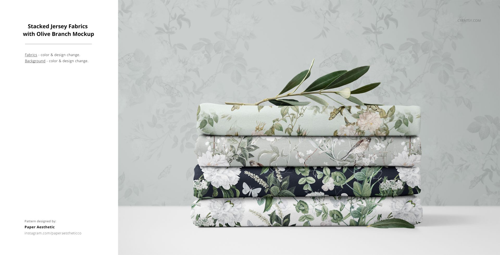 PSD mockup showing layered jersey fabrics with nature-inspired designs, arranged neatly and accented by an olive branch.