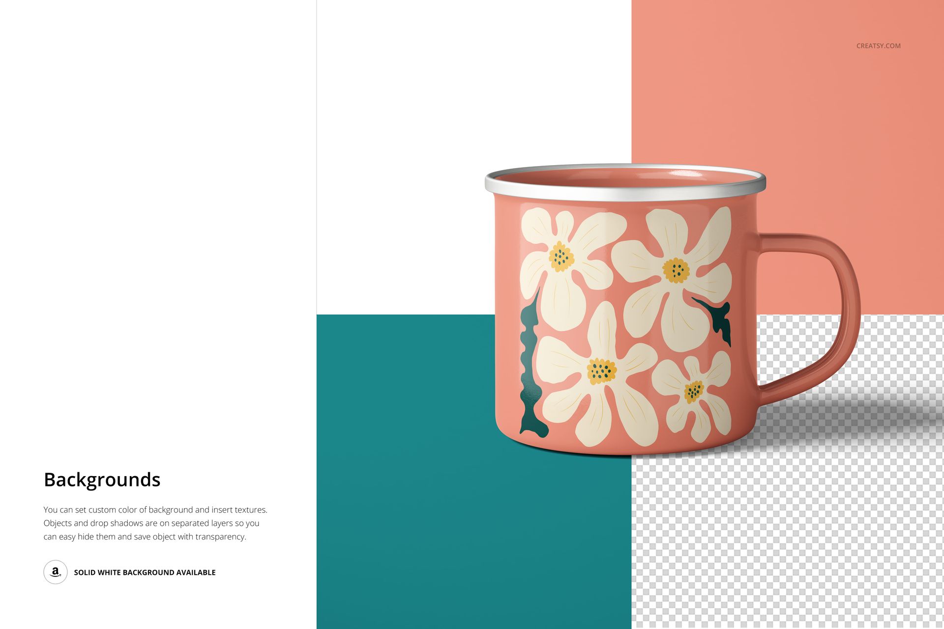 Pink enamel mug mockup with silver rim, decorated with white flowers, shown from the front on a color block background.