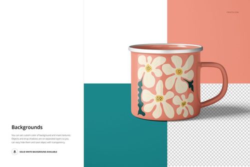 Pink enamel mug mockup with silver rim, decorated with white flowers, shown from the front on a color block background.