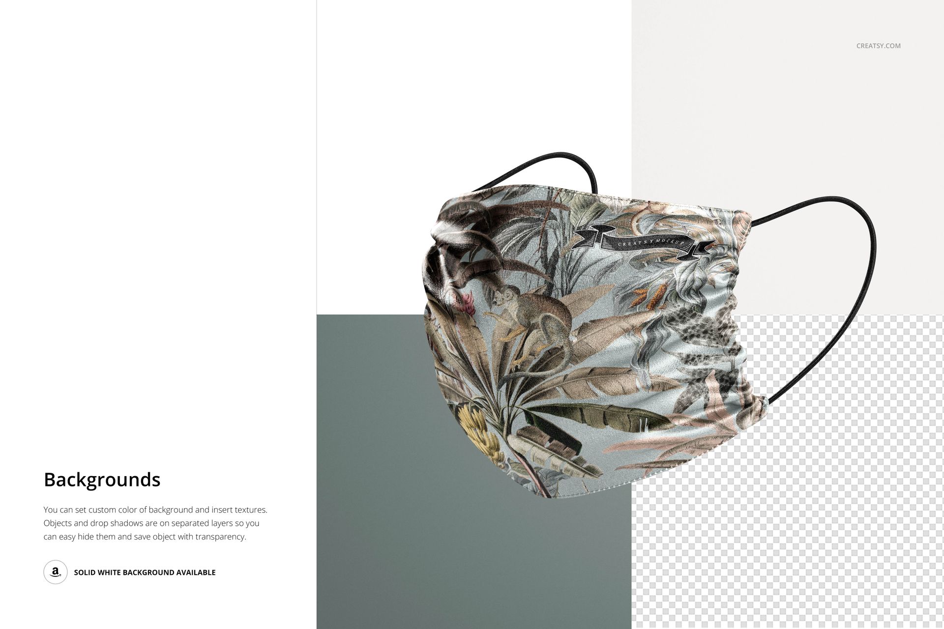 Silk face mask mockup featuring a detailed nature-inspired design, shown with adjustable ear loops on a split background.