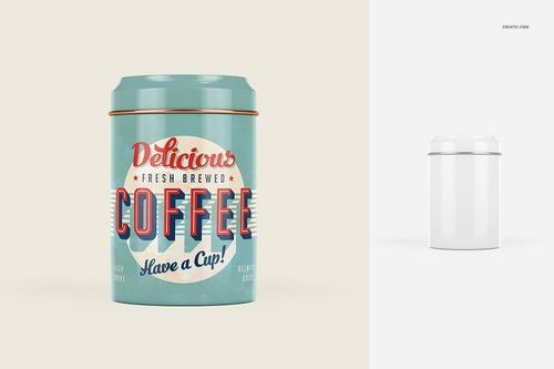 Metal canister mockup set showing a decorated teal tin with retro coffee design and a blank white canister side by side.