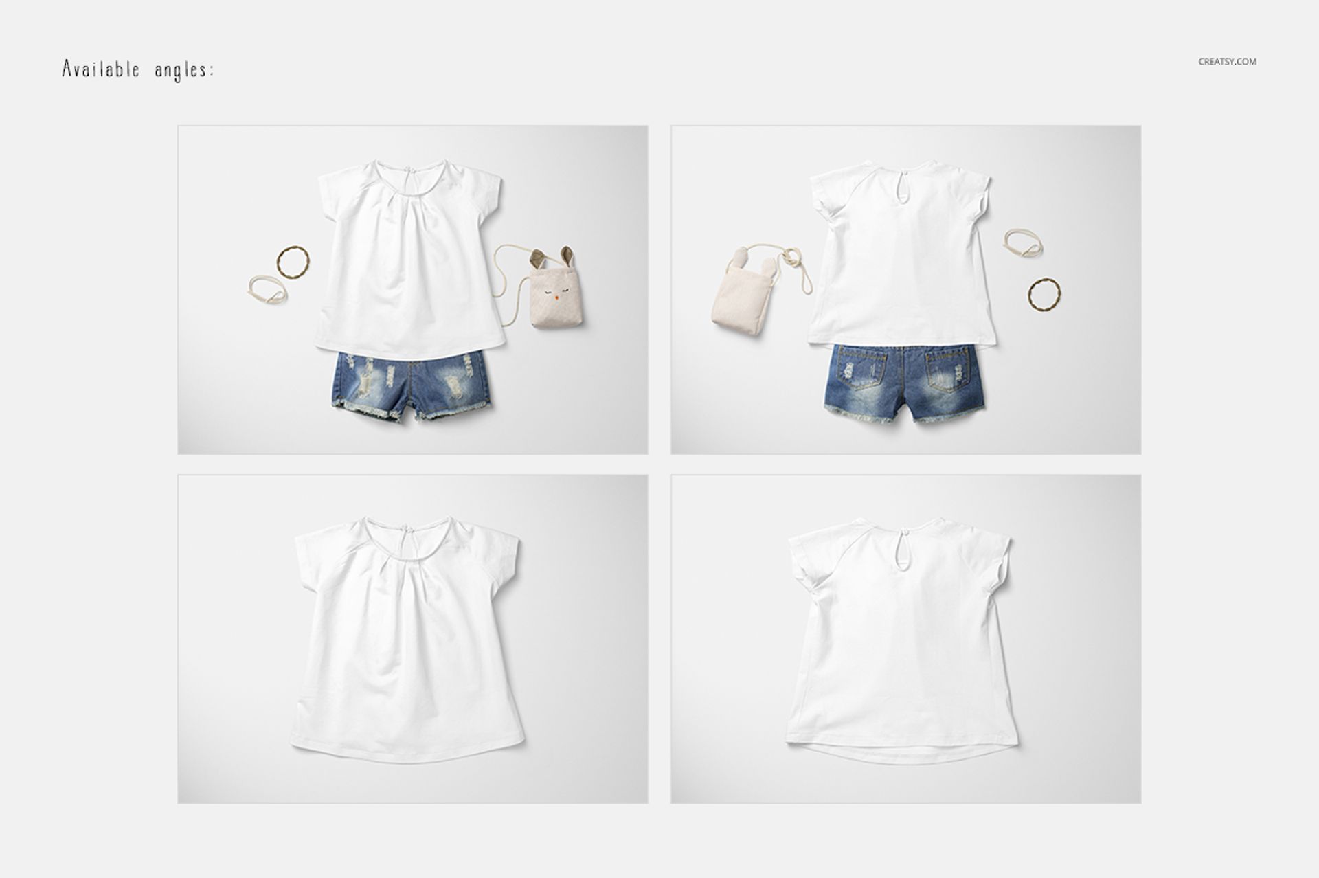 Baby summer set mockup featuring a white short-sleeve shirt and denim shorts, shown from multiple angles on a light background.