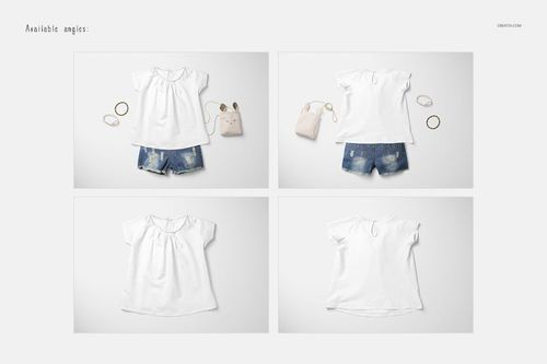 Baby summer set mockup featuring a white short-sleeve shirt and denim shorts, shown from multiple angles on a light background.