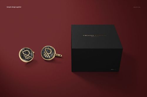 Gentleman cufflinks mockup featuring gold and black marble accents with a matching black box, shown in front view.