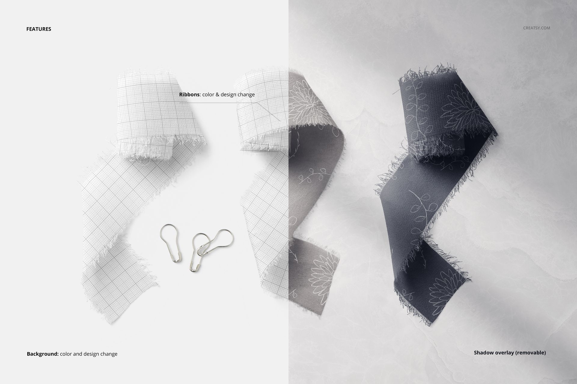 PSD mockup showing three silk ribbons arranged side by side, two with patterns and one plain, on a soft surface.