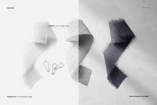 PSD mockup showing three silk ribbons arranged side by side, two with patterns and one plain, on a soft surface.