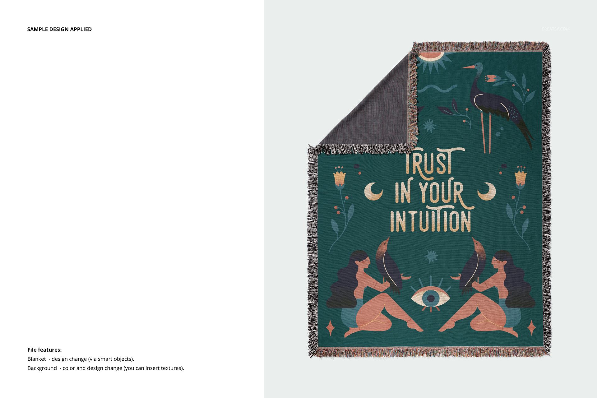 Mockup of a woven throw blanket featuring fringed edges and a bold illustrated pattern, displayed on a plain background.